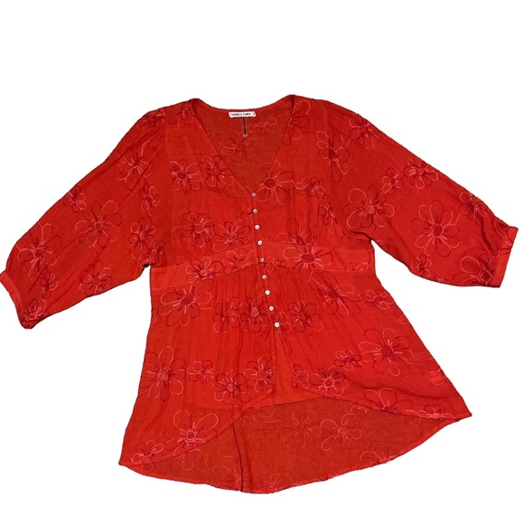 fig and flower Tops - Fig & Flower Retro Embroidered Floral Red Woman’s Boho peasant blouse XL
